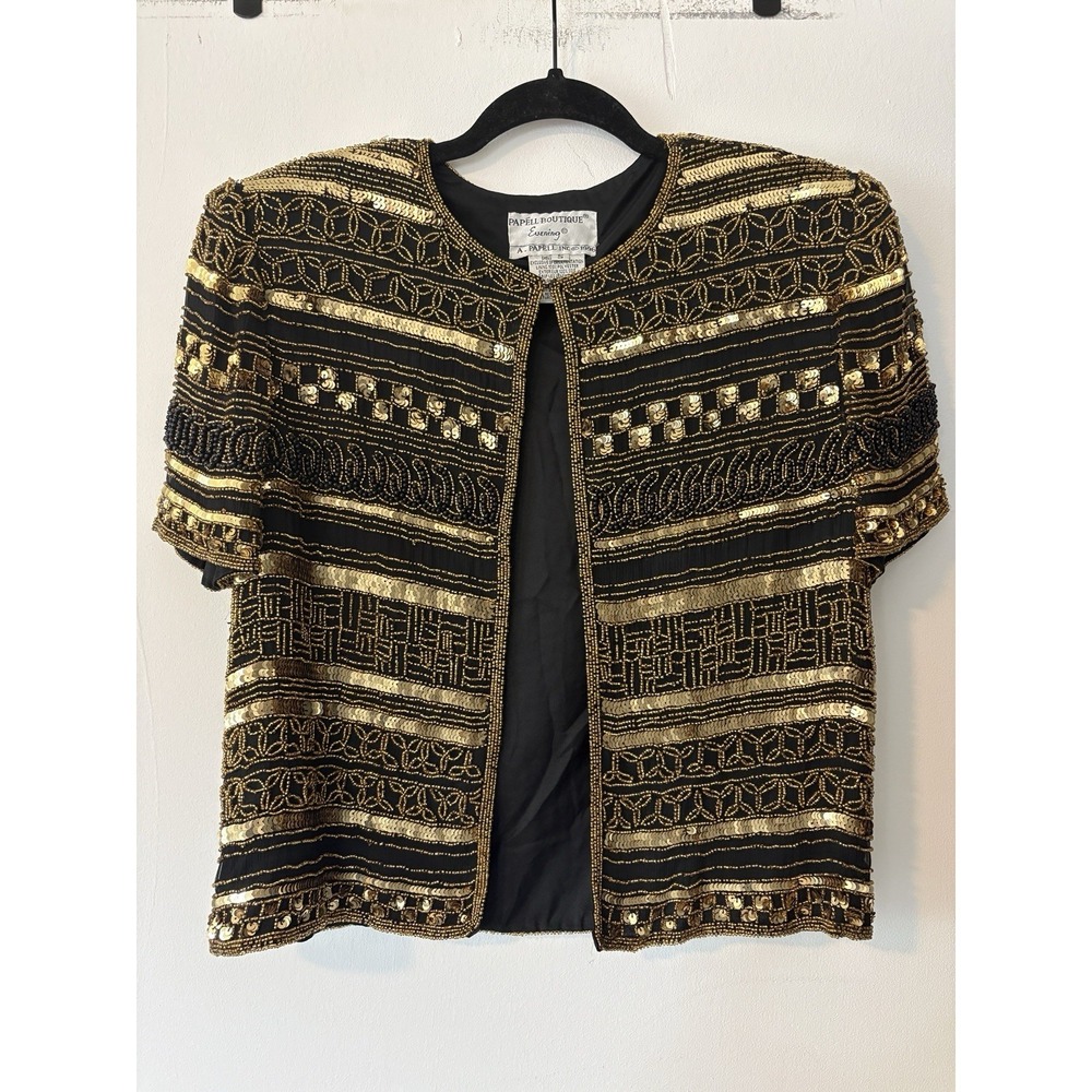 Vintage Papell Evening Silk Beaded Jacket Women's‎ Sz Small Black Gold Formal